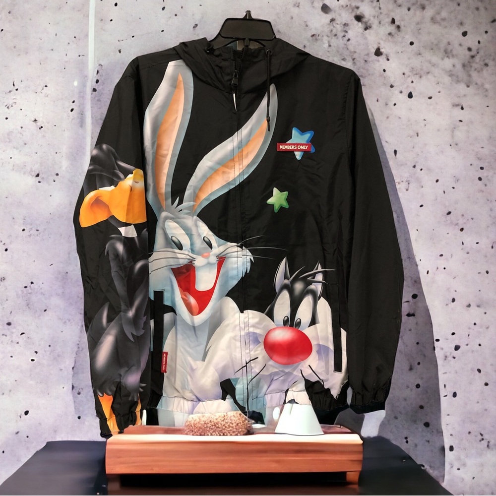 Members Only Looney‎ Tunes Windbreaker w/ Hood hooded Black Large New with tags
